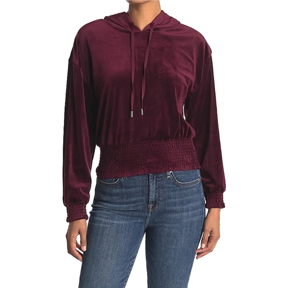 Laundry by Shelli Segal Velour Pullover Sweatshirt Hoodie Smocked Burgundy